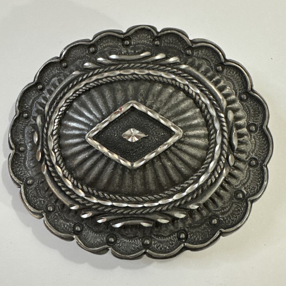 VTG Ege 93 Pewter Belt Buckle Diamond Cut Oval Western Cowboy Made in USA 1993